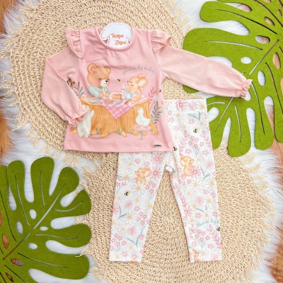 Conj. Blusa Manga Longa Cafézinho da Tarde Ursinha com Ratinha e Calça Legging - Rose